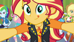 Size: 1920x1080 | Tagged: safe, screencap, applejack, fluttershy, rainbow dash, rarity, sunset shimmer, do it for the ponygram!, equestria girls, g4, my little pony equestria girls: better together, female, tongue out