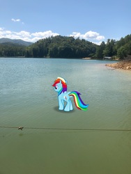 Size: 3024x4032 | Tagged: safe, gameloft, photographer:undeadponysoldier, rainbow dash, pegasus, pony, g4, augmented reality, female, irl, lake, mare, photo, playing god, ponies in real life, solo, standing on water, water
