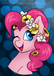 Size: 1280x1793 | Tagged: safe, artist:cadetredshirt, pinkie pie, earth pony, pony, g4, abstract background, cute, daffodil, diapinkes, female, floral head wreath, flower, flower in hair, looking at you, mare, one eye closed, open mouth, solo