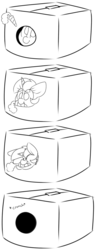 Size: 1195x3126 | Tagged: safe, artist:lockheart, oc, oc only, pony, unicorn, black and white, box, carrot, comic, cute, food, grayscale, hole, monochrome, pony in a box