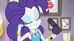 Size: 1920x1080 | Tagged: safe, screencap, rarity, do it for the ponygram!, equestria girls, g4, my little pony equestria girls: better together, cute, eyes closed, geode of empathy, geode of fauna, geode of shielding, geode of sugar bombs, geode of super speed, geode of super strength, geode of telekinesis, hair dryer, magical geodes, pinkie pie hair, raribetes, smiling