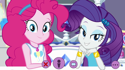 Size: 1920x1080 | Tagged: safe, screencap, pinkie pie, rarity, do it for the ponygram!, equestria girls, g4, my little pony equestria girls: better together, duo, duo female, eyeshadow, female, geode of empathy, geode of fauna, geode of shielding, geode of sugar bombs, geode of super speed, geode of super strength, geode of telekinesis, lidded eyes, looking at you, magical geodes, makeup, rarity's bedroom, recording, she knows, they know, webcam