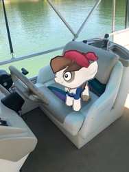 Size: 3024x4032 | Tagged: safe, gameloft, photographer:undeadponysoldier, pipsqueak, earth pony, pony, g4, augmented reality, boat, chair, colt, driver, foal, irl, lake, male, photo, pirate outfit, ponies in real life, sailor, solo, steering wheel, water