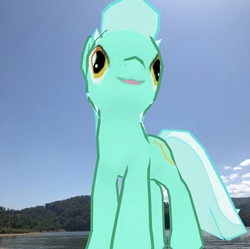 Size: 3024x3015 | Tagged: safe, gameloft, photographer:undeadponysoldier, lyra heartstrings, pony, unicorn, g4, augmented reality, cute, derp, female, giant lyra heartstrings, giant pony, high res, irl, lake, lyrabetes, macro, mare, mega lyra, photo, ponies in real life, solo, water, we're all doomed