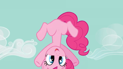 Size: 1920x1080 | Tagged: safe, screencap, pinkie pie, earth pony, pony, g4, season 1, the best night ever, cheerful, cute, diapinkes, female, happy go lucky, mare, open mouth, pinkie being pinkie, smiling, solo, upside down