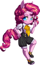 Size: 819x1306 | Tagged: safe, artist:kittehkatbar, part of a set, pinkie pie, anthro, plantigrade anthro, g4, chibi, clothes, cute, female, looking at you, part of a series, puffy sleeves, shoes, simple background, smiling, solo, transparent background