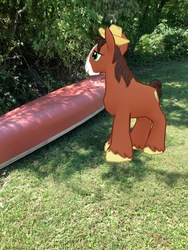 Size: 3024x4032 | Tagged: safe, gameloft, photographer:undeadponysoldier, trouble shoes, earth pony, pony, g4, augmented reality, boat, hat, irl, male, photo, ponies in real life, rowboat, stallion, unshorn fetlocks