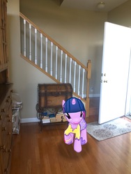 Size: 3024x4032 | Tagged: safe, gameloft, photographer:undeadponysoldier, pony, unicorn, g4, my little pony: magic princess, augmented reality, clothes, door, dress, female, irl, mare, photo, ponies in real life, solo, stairs, trunk