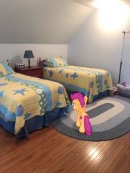 Size: 3024x4032 | Tagged: safe, gameloft, photographer:undeadponysoldier, scootaloo, pegasus, pony, g4, augmented reality, bed, bedroom, carpet, female, filly, irl, lamp, photo, pillow, ponies in real life, solo