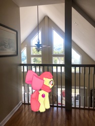 Size: 3024x4032 | Tagged: safe, gameloft, photographer:undeadponysoldier, apple bloom, earth pony, pony, g4, augmented reality, balcony, bust, ceiling fan, fan, female, filly, irl, photo, ponies in real life, portrait, window