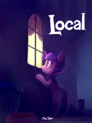 Size: 640x854 | Tagged: safe, artist:lilfunkman, twilight sparkle, pony, unicorn, g4, bipedal, bipedal leaning, building, fanfic, fanfic art, fanfic cover, female, horn, leaning, mare, night, scared, solo, text, window