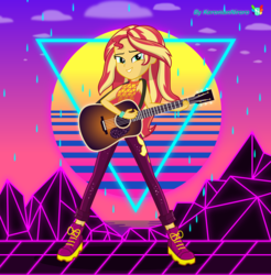 Size: 5000x5073 | Tagged: safe, artist:keronianniroro, sunset shimmer, equestria girls, equestria girls series, let it rain, spoiler:eqg series (season 2), 80s, acoustic guitar, boots, clothes, female, guitar, musical instrument, outrun, rain, retrowave, shoes, signature, sleeveless, smiling, solo, sun, synthwave, triangle, vector