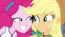 Size: 1920x1080 | Tagged: safe, screencap, applejack, pinkie pie, do it for the ponygram!, equestria girls, equestria girls series, g4, spoiler:eqg series (season 2), clothes, collar, cowboy hat, female, grin, hat, leaning forward, mischievous, nervous, ponytail, shirt, sleeveless, smiling, teenager