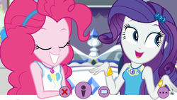 Size: 1920x1080 | Tagged: safe, screencap, pinkie pie, rarity, do it for the ponygram!, equestria girls, g4, my little pony equestria girls: better together, bracelet, cute, diapinkes, duo, duo female, eyes closed, female, geode of empathy, geode of fauna, geode of shielding, geode of sugar bombs, geode of super speed, geode of super strength, geode of telekinesis, jewelry, magical geodes, open mouth, raribetes, rarity's bedroom, recording, smiling, webcam