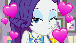 Size: 1920x1080 | Tagged: safe, screencap, rarity, do it for the ponygram!, equestria girls, g4, my little pony equestria girls: better together, cute, filter, geode of shielding, heart, looking at you, magical geodes, one eye closed, raribetes, smiling, smiling at you, wink, winking at you