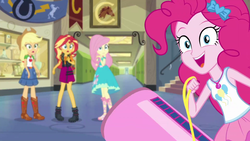 Size: 1920x1080 | Tagged: safe, screencap, applejack, fluttershy, pinkie pie, sunset shimmer, do it for the ponygram!, equestria girls, equestria girls series, g4, spoiler:eqg series (season 2), applejack's hat, boots, canterlot high, clothes, cowboy boots, cowboy hat, denim skirt, female, geode of empathy, geode of sugar bombs, geode of super strength, hairpin, hallway, hat, jacket, leather, leather jacket, looking at you, magical geodes, party cannon, shoes, skirt, stetson, tank top