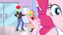 Size: 1920x1080 | Tagged: safe, screencap, flash sentry, pinkie pie, sunset shimmer, do it for the ponygram!, equestria girls, g4, my little pony equestria girls: better together, barbershop pole, canterlot mall, converse, cupcake, female, food, frosting, glass door, magic cupcake touch, male, orange creamsicle cupcake, raspberry ganache cupcake, shoes, sneakers