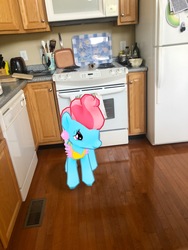 Size: 3024x4032 | Tagged: safe, gameloft, photographer:undeadponysoldier, cup cake, earth pony, pony, g4, apron, augmented reality, clothes, dishwasher, female, irl, kitchen, mare, oven, photo, ponies in real life, refrigerator, silverware, solo, spatula