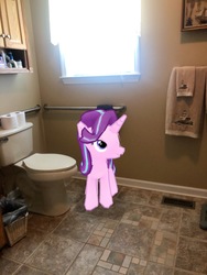 Size: 3024x4032 | Tagged: safe, gameloft, photographer:undeadponysoldier, starlight glimmer, pony, unicorn, g4, augmented reality, bathroom, but why, female, irl, mare, photo, ponies in real life, toilet, towel, trash can