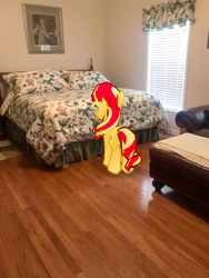 Size: 3024x4032 | Tagged: safe, gameloft, photographer:undeadponysoldier, sunset shimmer, pony, unicorn, g4, augmented reality, bed, bedroom, bust, female, footrest, irl, mare, photo, ponies in real life, portrait, solo