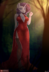Size: 1400x2048 | Tagged: safe, artist:alicesmitt31, rarity, anthro, g4, absolute cleavage, breasts, busty rarity, cleavage, clothes, dress, female, forest, garter belt, mare, red dress, side slit, smiling, solo, stockings, thigh highs, total sideslit