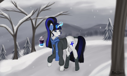 Size: 5000x3000 | Tagged: safe, artist:amywhooves, oc, oc only, oc:coldlight bluestar, pony, unicorn, clothes, coat, commission, drink, female, glowing horn, horn, magic, mare, snow, solo, tree, winter