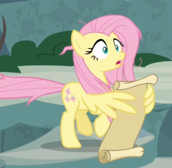 Size: 908x889 | Tagged: safe, screencap, fluttershy, pegasus, pony, g4, she talks to angel, cropped, female, mare, messy mane, scroll, solo, tail, tail pull, wing hands, wings