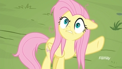 Size: 1920x1080 | Tagged: safe, screencap, fluttershy, pegasus, pony, g4, she talks to angel, bags under eyes, discovery family logo, faic, female, folded wings, gritted teeth, looking up, mare, messy mane, pointing, raised eyebrow, raised hoof, solo, stressed, wings