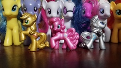 Size: 4032x2268 | Tagged: safe, applejack, cheerilee, dj pon-3, lemony gem, lily blossom, nurse redheart, pinkie pie, plumsweet, rarity, sunset shimmer, vinyl scratch, earth pony, pony, g4, collection, female, figurine, irl, photo, toy