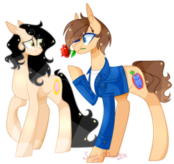 Size: 2076x1952 | Tagged: safe, artist:manella-art, oc, oc only, oc:amgi, oc:applewolf, pony, clothes, flower, hair over one eye, jacket, mouth hold, raised hoof, rose