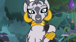 Size: 1920x1080 | Tagged: safe, screencap, zecora, pony, zebra, g4, she talks to angel, bracelet, close-up, ear piercing, earring, everfree forest, female, forest, grin, jewelry, lidded eyes, looking down, mare, mohawk, neck rings, piercing, quadrupedal, raised eyebrow, raised hoof, smiling, solo, zecora's hut