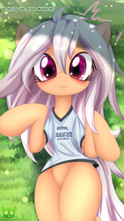 Size: 2161x3840 | Tagged: safe, artist:an-m, oc, oc only, oc:anon, oc:har glind, earth pony, pony, bipedal, blushing, clothes, dialogue, eye reflection, female, grass, high res, looking at you, lying down, mare, reflection, shirt, solo