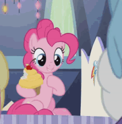 Size: 305x310 | Tagged: safe, screencap, cheese sandwich, fluttershy, pinkie pie, rainbow dash, rarity, g4, the last laugh, animated, cropped, cupcake, cute, female, food, happy, invitation, mare, sitting, smiling, talking