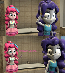 Size: 2720x3056 | Tagged: safe, artist:fazbearsparkle, pinkie pie, rarity, do it for the ponygram!, equestria girls, g4, my little pony equestria girls: better together, 3d, alternate hairstyle, bathroom, clothes, comic, dialogue, geode of shielding, geode of sugar bombs, high res, magical geodes, pantyhose, pinkie pie hair, rah rah skirt, skirt, source filmmaker