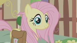 Size: 1280x720 | Tagged: safe, screencap, fluttershy, pegasus, pony, g4, she talks to angel, female, mare, messy mane, saddle bag, solo, thousand yard stare