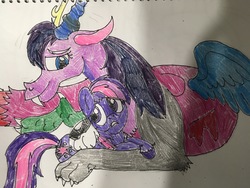 Size: 4032x3024 | Tagged: safe, artist:wolfspiritclan, twilight sparkle, oc, oc:adean ruby nights, draconequus, earth pony, pony, g4, chaosverse, draconequus oc, dramatic, earth pony twilight, g5 concept leak style, g5 concept leaks, sad, spoilers in description, traditional art, twilight sparkle (g5 concept leak)