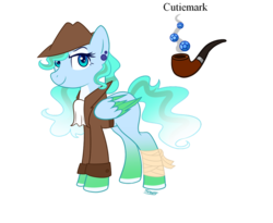 Size: 988x809 | Tagged: safe, artist:forteycat-adopts, oc, oc only, oc:vestigium trail, pegasus, pony, icey-verse, bandage, broken wing, clothes, coat, detective, ear piercing, earring, eyeshadow, fedora, female, hat, jewelry, makeup, mare, markings, offspring, parent:sky stinger, parent:vapor trail, parents:vaporsky, piercing, simple background, solo, transparent background, wings