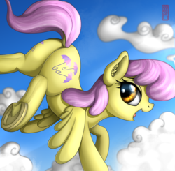 Size: 2500x2445 | Tagged: safe, artist:celsian, parasol, pegasus, pony, g4, background pony, both cutie marks, butt, cloud, cute, dock, ear fluff, female, flying, frog (hoof), high res, looking back, mare, open mouth, plot, rear view, signature, solo, underhoof