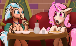 Size: 3374x2048 | Tagged: safe, artist:galacticham, oc, oc only, oc:ocean breeze, oc:vanilla rose, hippogriff, pony, blushing, eating, flower, high res, hippogriff oc, levitation, looking at each other, magic, rose, telekinesis, the tasty treat