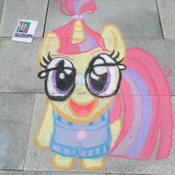 Size: 2976x2976 | Tagged: safe, artist:jan0o, artist:themisto97, part of a set, moondancer, pony, unicorn, galacon, galacon 2019, g4, badumsquish's kitties, chalk, chalk drawing, female, germany, high res, looking at you, looking up, looking up at you, solo, street art, text, traditional art