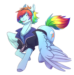 Size: 2102x2121 | Tagged: safe, artist:1an1, rainbow dash, pegasus, pony, the last problem, backwards cutie mark, blushing, clothes, cutie mark, ear piercing, female, goggles, high res, jacket, looking at you, older rainbow dash, piercing, simple background, solo, white background