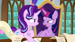 Size: 1920x1080 | Tagged: safe, screencap, starlight glimmer, twilight sparkle, alicorn, pony, g4, the beginning of the end, duo, duo female, female, lidded eyes, magic, out of context, scroll, twilight sparkle (alicorn)