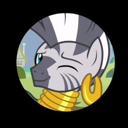 Size: 565x565 | Tagged: safe, screencap, zecora, pony, zebra, g4, she talks to angel, cropped, ear piercing, earring, female, icon, iris out, jewelry, neck rings, one eye closed, piercing, quadrupedal, solo, wink