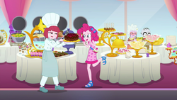 Size: 1920x1080 | Tagged: safe, screencap, chelsea porcelain, mr. waddle, pinkie pie, puffed pastry, equestria girls, equestria girls specials, g4, my little pony equestria girls: better together, my little pony equestria girls: spring breakdown, buffet, cake, chef's hat, food, hat, sleeveless, spatula, table