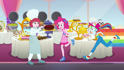 Size: 1920x1080 | Tagged: safe, screencap, chelsea porcelain, mr. waddle, pinkie pie, puffed pastry, rainbow dash, equestria girls, equestria girls specials, g4, my little pony equestria girls: better together, my little pony equestria girls: spring breakdown, cake, cupcake, food, sleeveless, spatula
