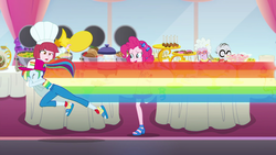 Size: 1920x1080 | Tagged: safe, screencap, chelsea porcelain, mr. waddle, pinkie pie, puffed pastry, rainbow dash, equestria girls, equestria girls specials, g4, my little pony equestria girls: better together, my little pony equestria girls: spring breakdown, food, rainbow, tackle