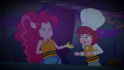 Size: 1920x1080 | Tagged: safe, screencap, pinkie pie, puffed pastry, equestria girls, equestria girls specials, g4, my little pony equestria girls: better together, my little pony equestria girls: spring breakdown, chef's hat, duo, duo female, female, flood, hat, lifejacket, ponied up, super ponied up