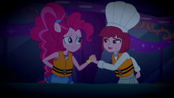 Size: 1920x1080 | Tagged: safe, screencap, pinkie pie, puffed pastry, equestria girls, equestria girls specials, g4, my little pony equestria girls: better together, my little pony equestria girls: spring breakdown, chef's hat, hat, holding hands, lifejacket, ponied up, super ponied up