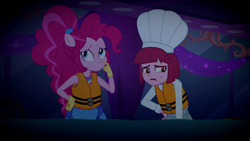 Size: 1920x1080 | Tagged: safe, screencap, pinkie pie, puffed pastry, equestria girls, equestria girls specials, g4, my little pony equestria girls: better together, my little pony equestria girls: spring breakdown, chef, chef's hat, duo, duo female, female, hat, lifejacket, ponied up, super ponied up, thinking