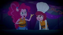 Size: 1920x1080 | Tagged: safe, screencap, pinkie pie, puffed pastry, equestria girls, equestria girls specials, g4, my little pony equestria girls: better together, my little pony equestria girls: spring breakdown, chef's hat, duo, duo female, female, hat, idea, lifejacket, ponied up, super ponied up